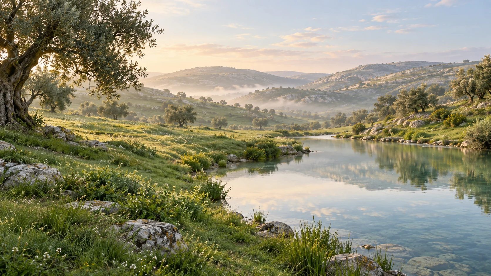 Green pastures and olive trees beside still waters in a peaceful valley, inspired by Psalm 23:2.